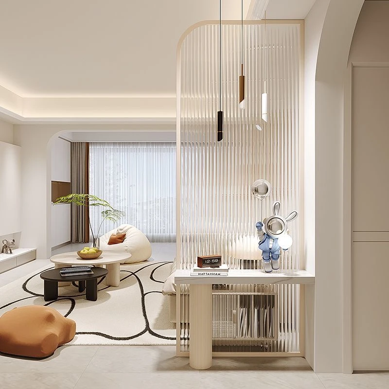 奶油风轻奢罗马柱岩板客厅入户玄关屏风玻璃隔断创意屏风隔断客厅