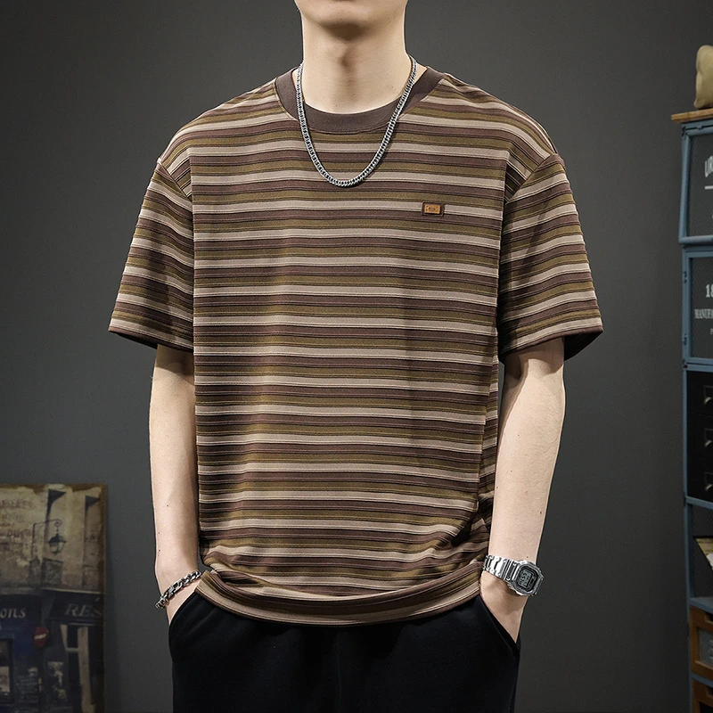 MR.MUDI/穆迪先生夏季短袖T恤男新款条纹百搭宽松大码重磅体恤潮