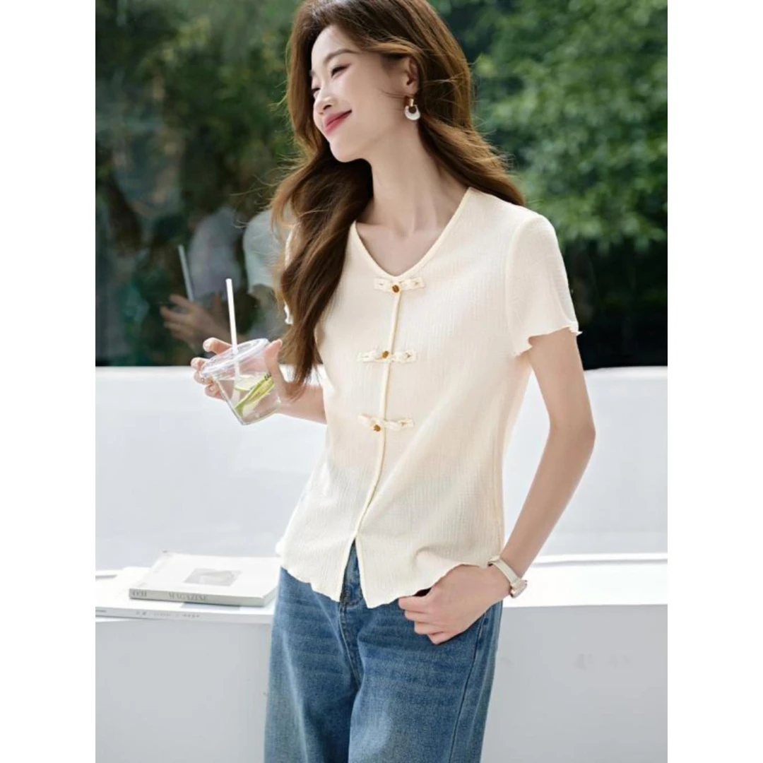 【复古V领肌理国风T恤】2025夏季新款改良版新中式小香风短袖T恤女