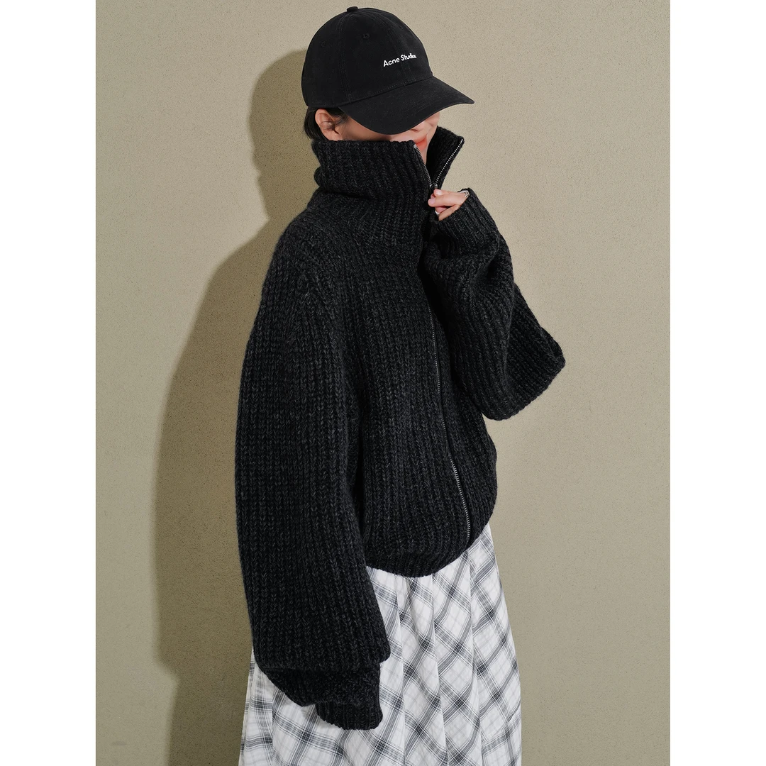 加厚粗针深灰 女翻领拉链长袖宽松针织开衫162403