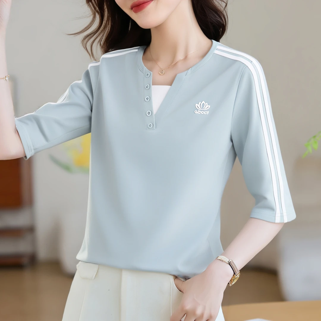 【90支精梳棉】正肩宽松洋气七分袖遮肉显瘦假两件上衣时尚减龄女装