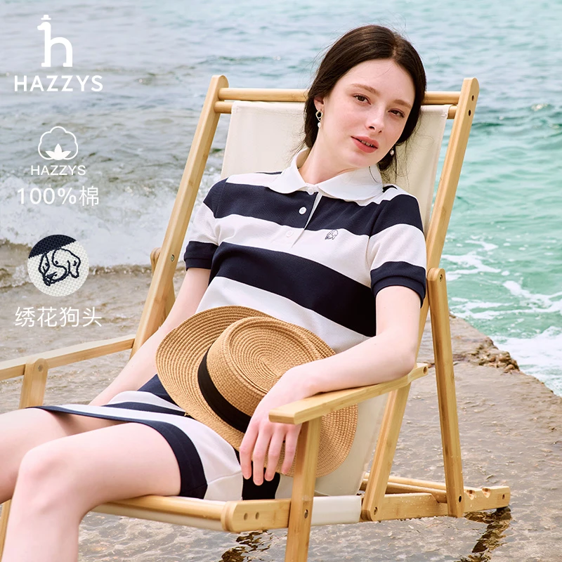 【PHIZ】Hazzys哈吉斯条纹Polo连衣裙女士拼色条纹女装时尚短袖裙子