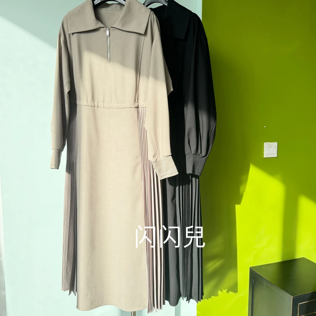 闪闪25早春NIC****UB韩单原长袖连衣裙百褶韩系遮肉显瘦收腰百搭