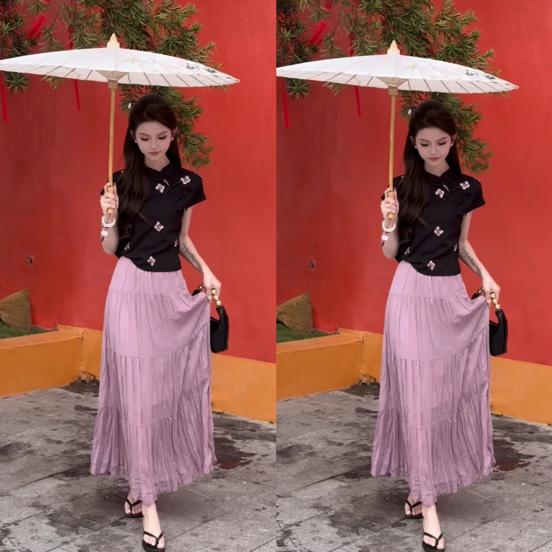 （淘气美人）粉蝶精绣国风斜珠扣中式立领短袖上衣