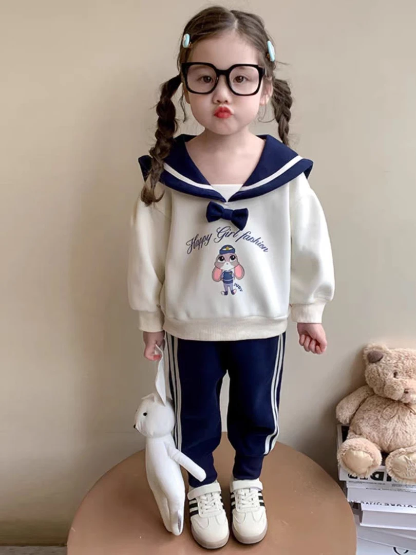 52093海军领卫衣套装春秋季女宝宝学院风兔子警官衣服休闲两件套