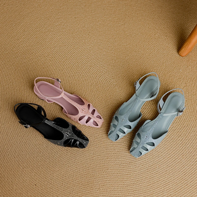 羊皮3公分/法式镂空水钻粗跟包头凉鞋优雅百搭夏季时尚罗马凉鞋