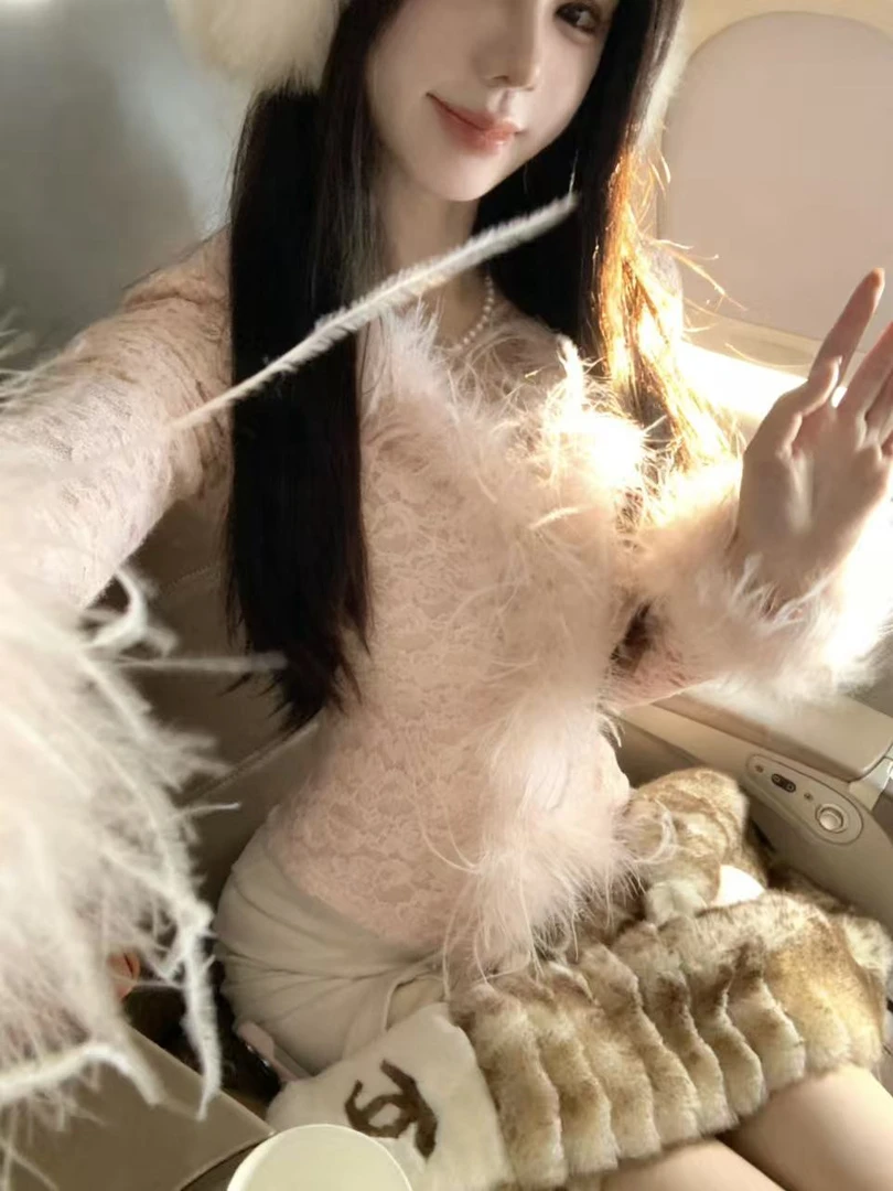 【雅乔定制】晚香玉上衣磨毛蕾丝拼鸵鸟毛针织打底衫DYYY-250851121