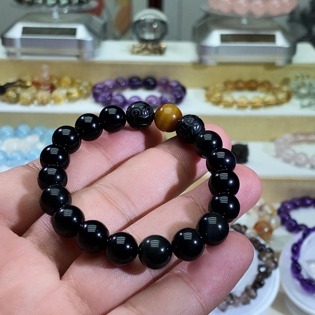未镶嵌手链水晶黑曜石金虎眼手串