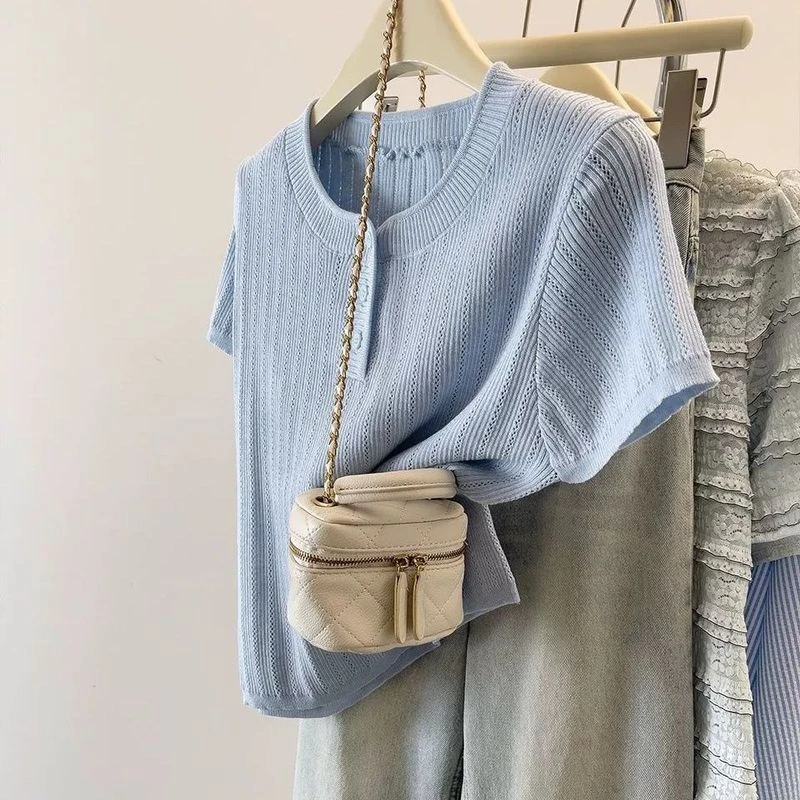 80-200斤圆领冰丝短袖t恤女夏季镂空高级感显瘦遮肉减龄正肩上衣