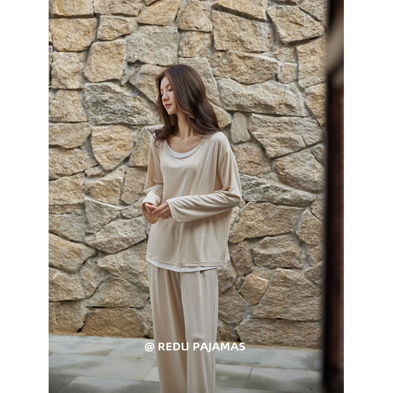 热妒睡衣女春秋款纯棉长袖带胸垫一体圆领套头假两件家居服套装