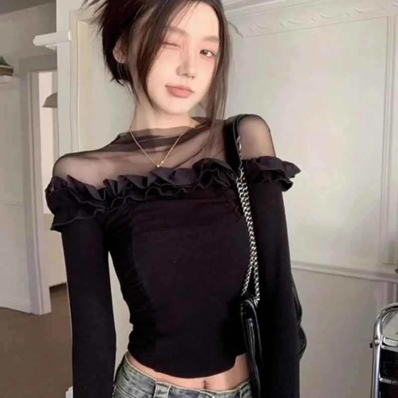 纯欲辣妹性感一字肩上衣女春季内搭设计感小众网纱拼接针织打底衫