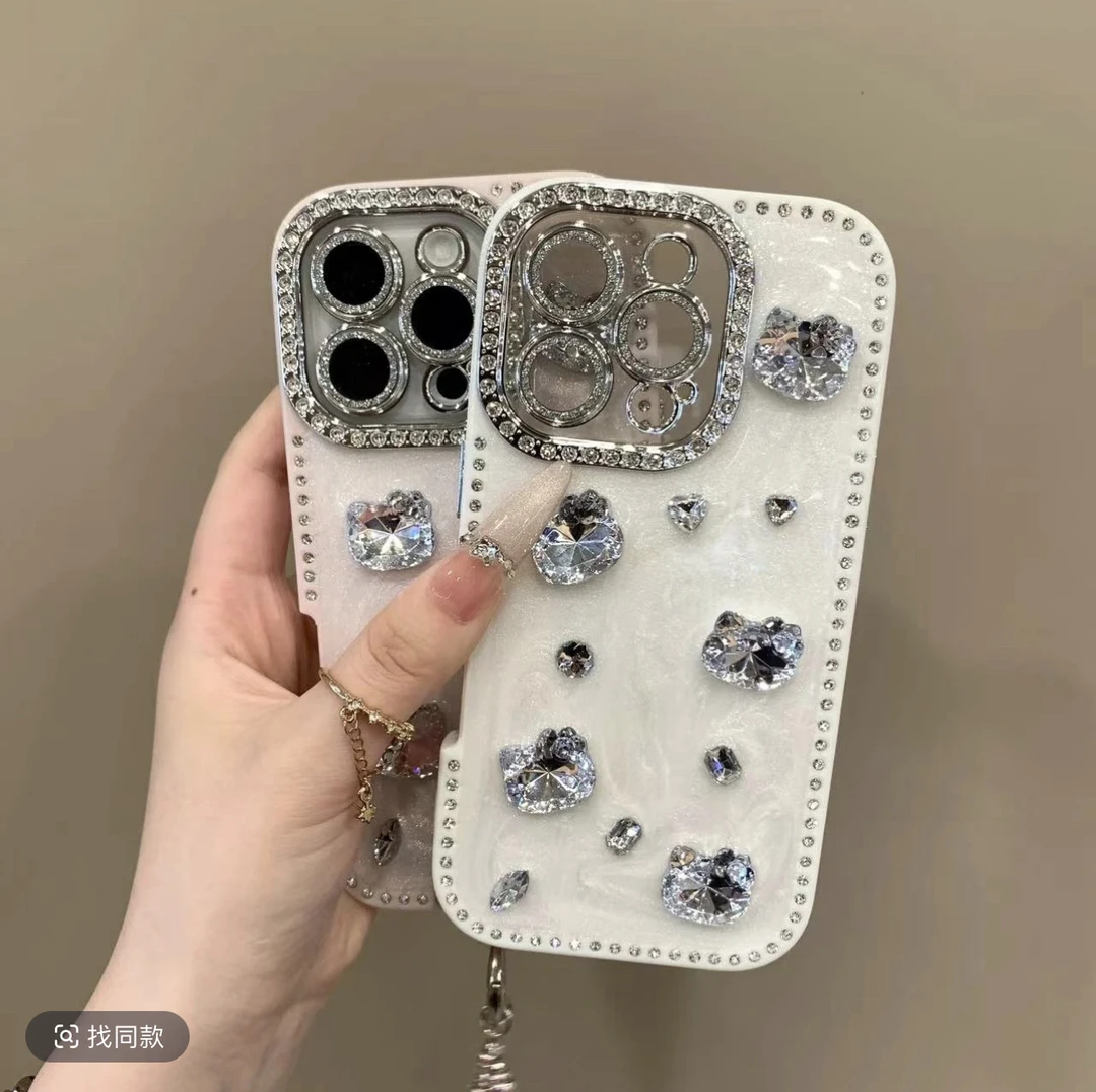 全包闪钻边奶油猫咪适用iPhone16promax手机壳15pro时尚14可爱13