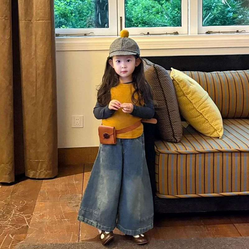 女童套装春秋款2025新款儿童针织马甲纯色打底衫宝宝宽松阔腿长裤