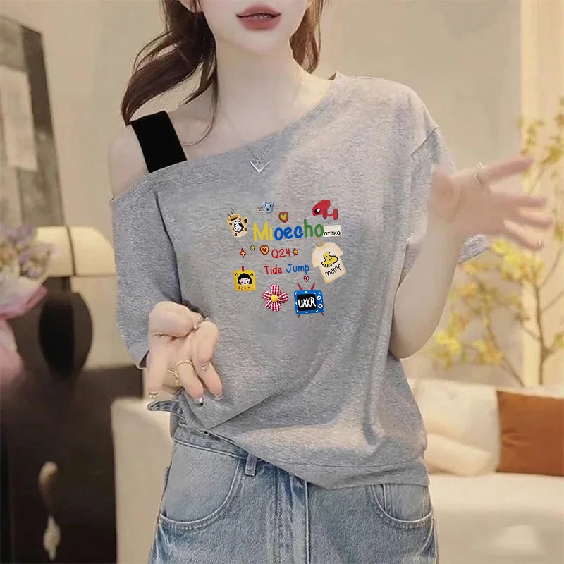 2025新款夏韩系气质斜肩上衣小众设计感独特拼接灰色吊带短袖t恤