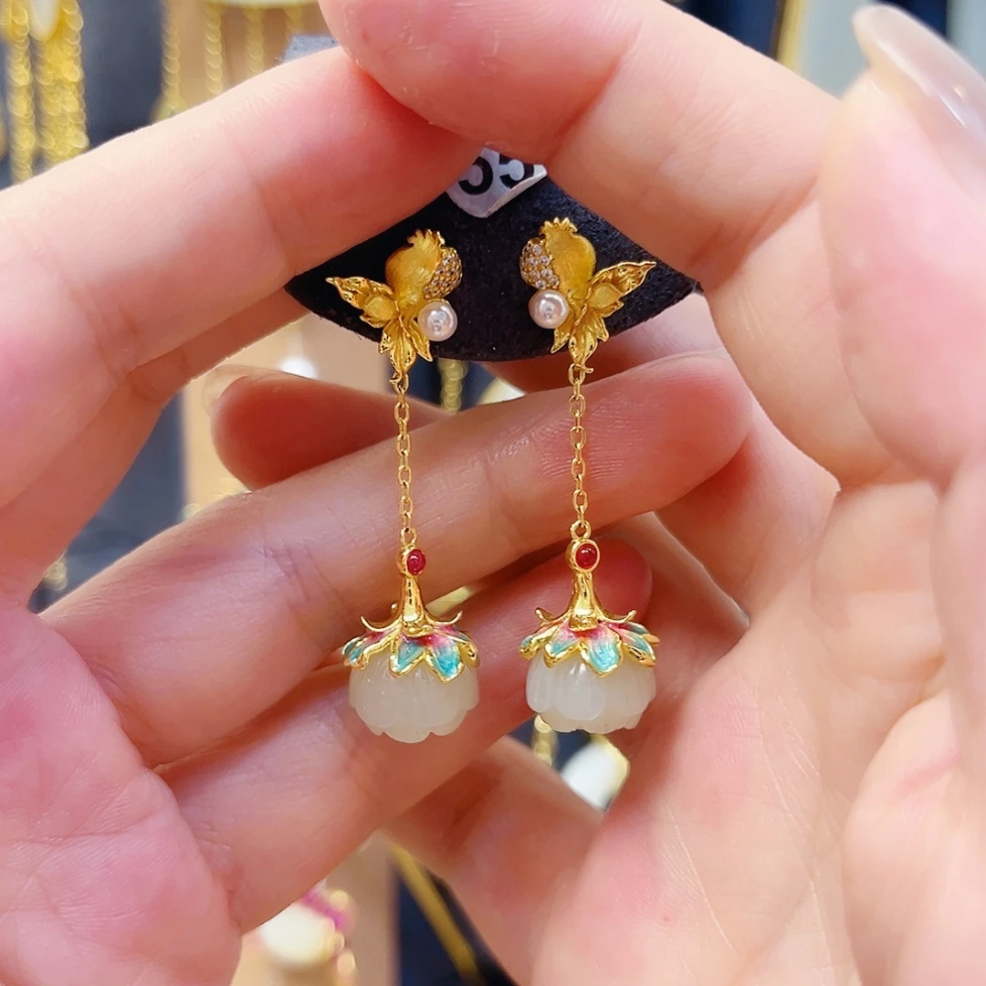 和田玉银S925镀金镶嵌耳饰