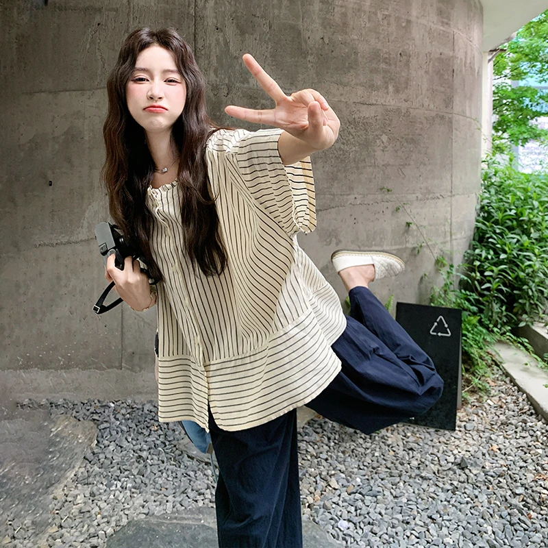 条纹衬衫阔腿裤套装女2025夏季新款气质设计感休闲减龄时尚两件套