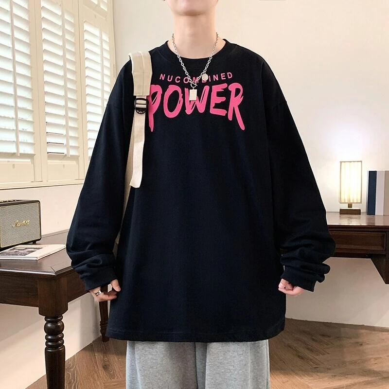 青少年男士长袖休闲卫衣百搭T恤宽松潮流港风印花圆领韩版男卫衣