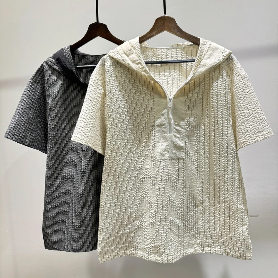 时尚简约拼接条纹连帽短袖痞帅套头衫夏季潮牌男士百搭宽松体恤