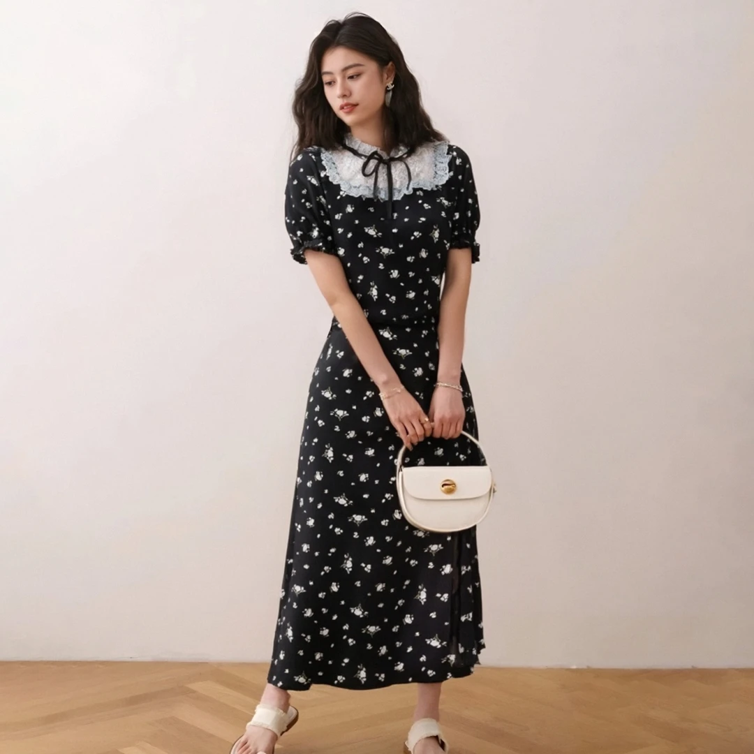 【西西女装】有内衬拼接黑色碎花连衣裙收腰a字小黑裙少女短裙D1326