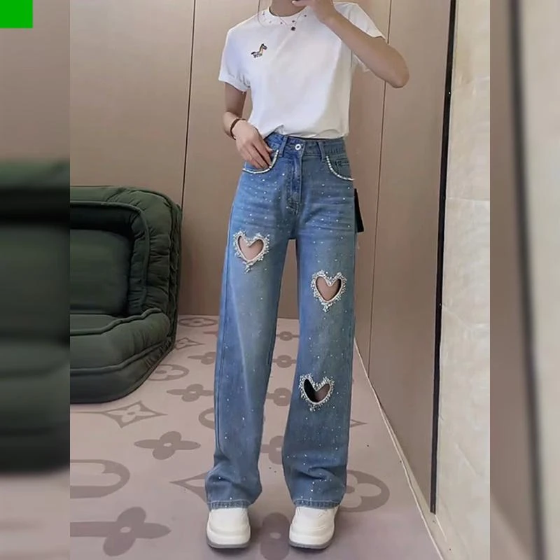 重工镶钻钉珠镂空爱心破洞牛仔裤女2025年夏季薄款大码直筒阔腿裤