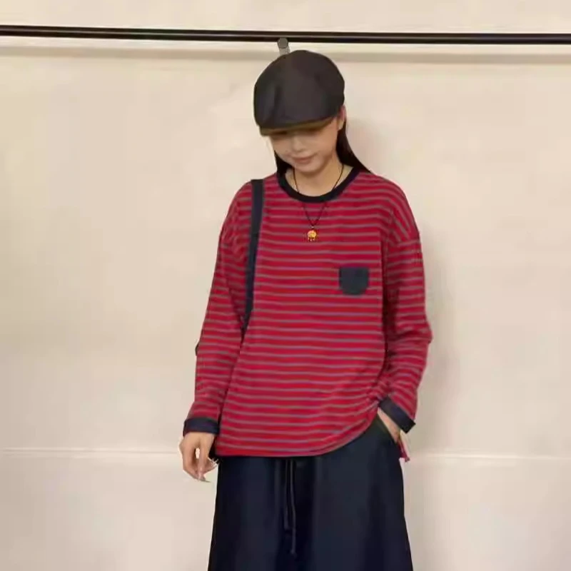讠木35619条纹长袖T恤女2025新款宽松圆领纯棉简约百搭秋季