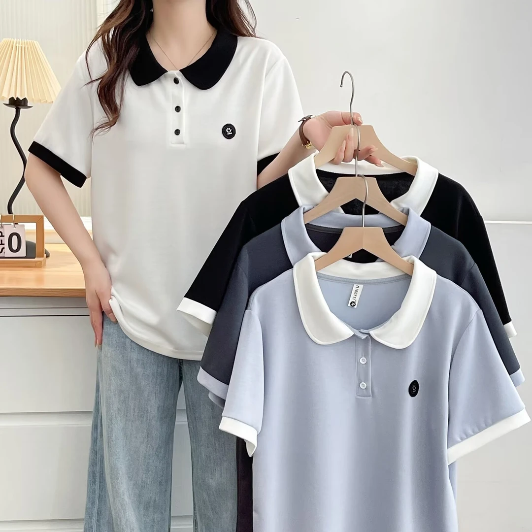 【琦琦】110-200斤大码女装胖mm时尚翻领拼色显瘦短袖T恤Polo衫