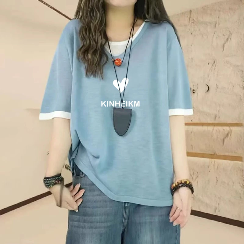假两件撞色正肩短袖t恤女大码2025新款夏季微胖百搭减龄显瘦上衣