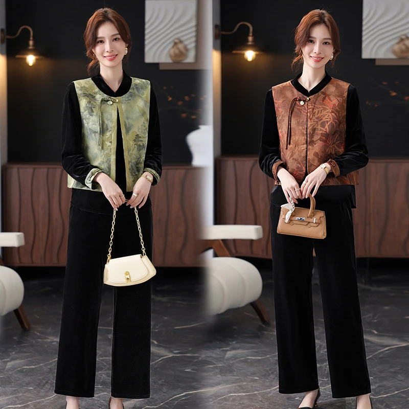 新中式妈妈春秋装金丝绒套装洋气国风中老年2025马甲春秋三件套