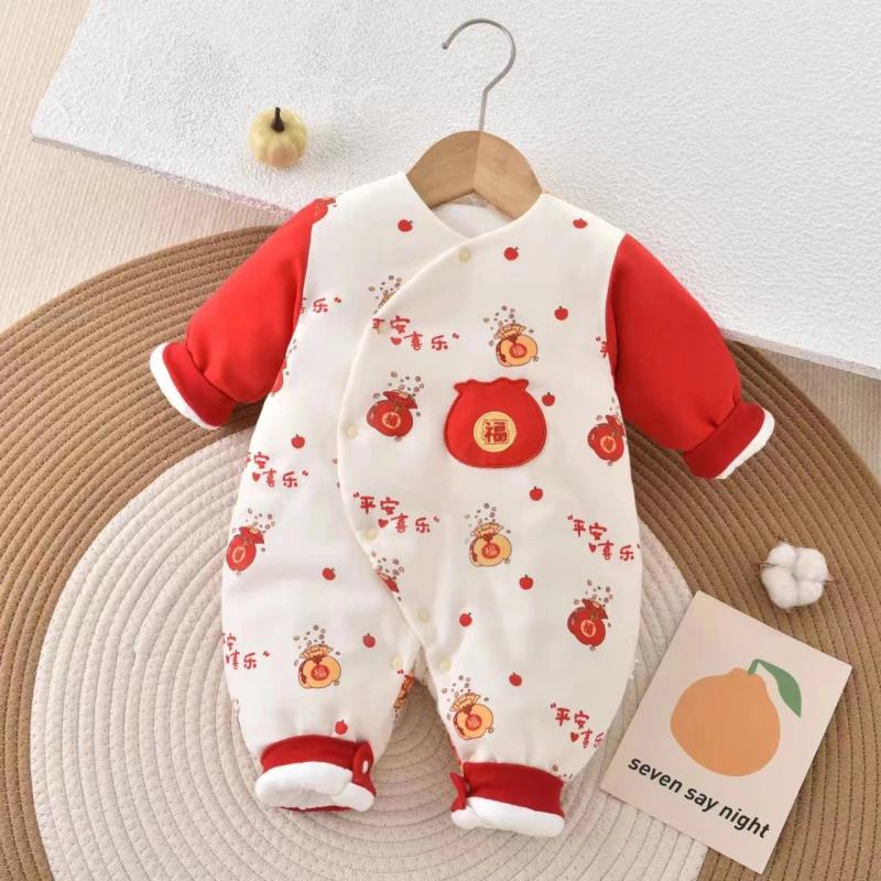 【2件送胎帽】150克偏扣棉服加厚棉袄红色冬季拜年服新生儿冬款棉服