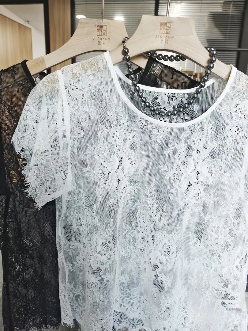【LB】时尚温婉风蕾丝衫蕾丝上衣女款白色蕾丝打底T恤KX0125060902