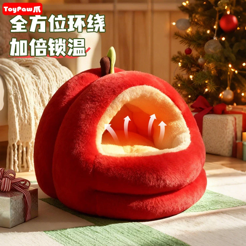 圣诞猫窝冬季加厚保暖新年喜庆苹果窝半封闭狗窝小型犬宠物深睡窝