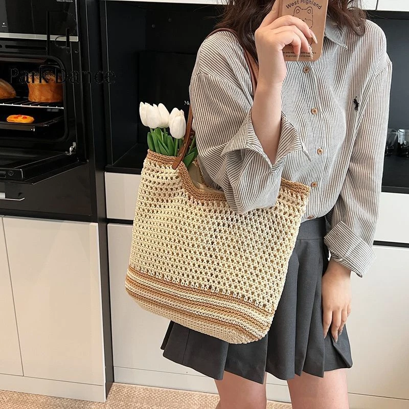 新疆棉水洗外出通勤度假百搭单肩包沙滩包包新款大容量编织托特包