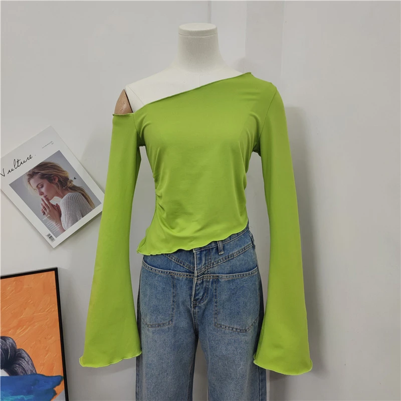 春季小众设计感斜肩褶皱收腰不规则T恤性感辣妹纯欲绝美短款上衣