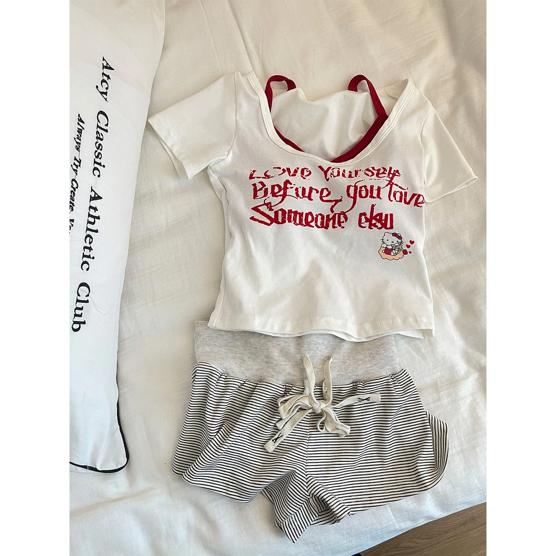 ins风设计感字母印花短袖睡衣女夏季2025新款短裤套装大码居家服