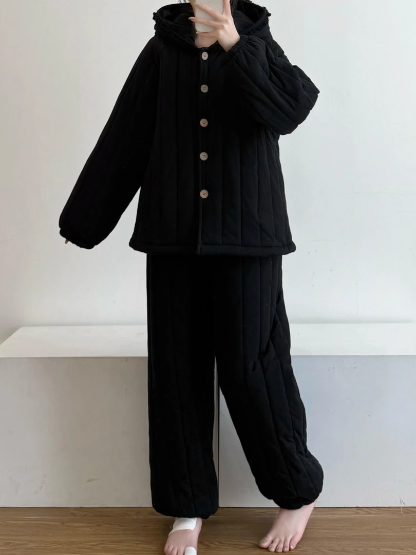 高级感黑色可外穿夹棉睡衣女冬季新款加厚加绒棉服保暖家居服套装