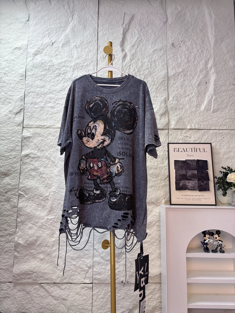 2025春夏新款卡通半袖T恤时尚破洞设计师重工做旧百搭洋气