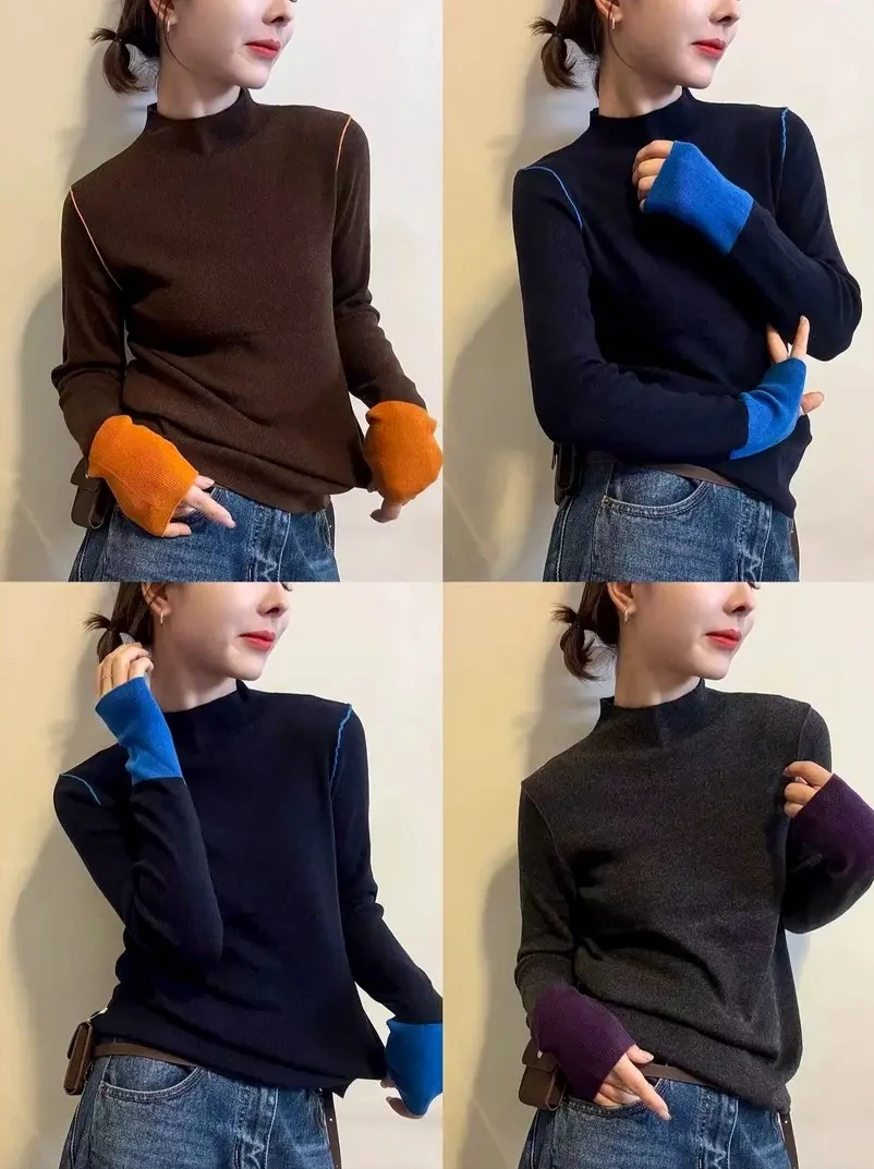 2025秋冬款加绒设计拼接撞色线条洋气百搭修身打底衫女内搭可外穿