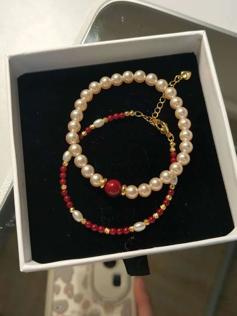 铜合金仿珍珠手链 原创设计安格拉红拼色手链轻奢手串红色百搭