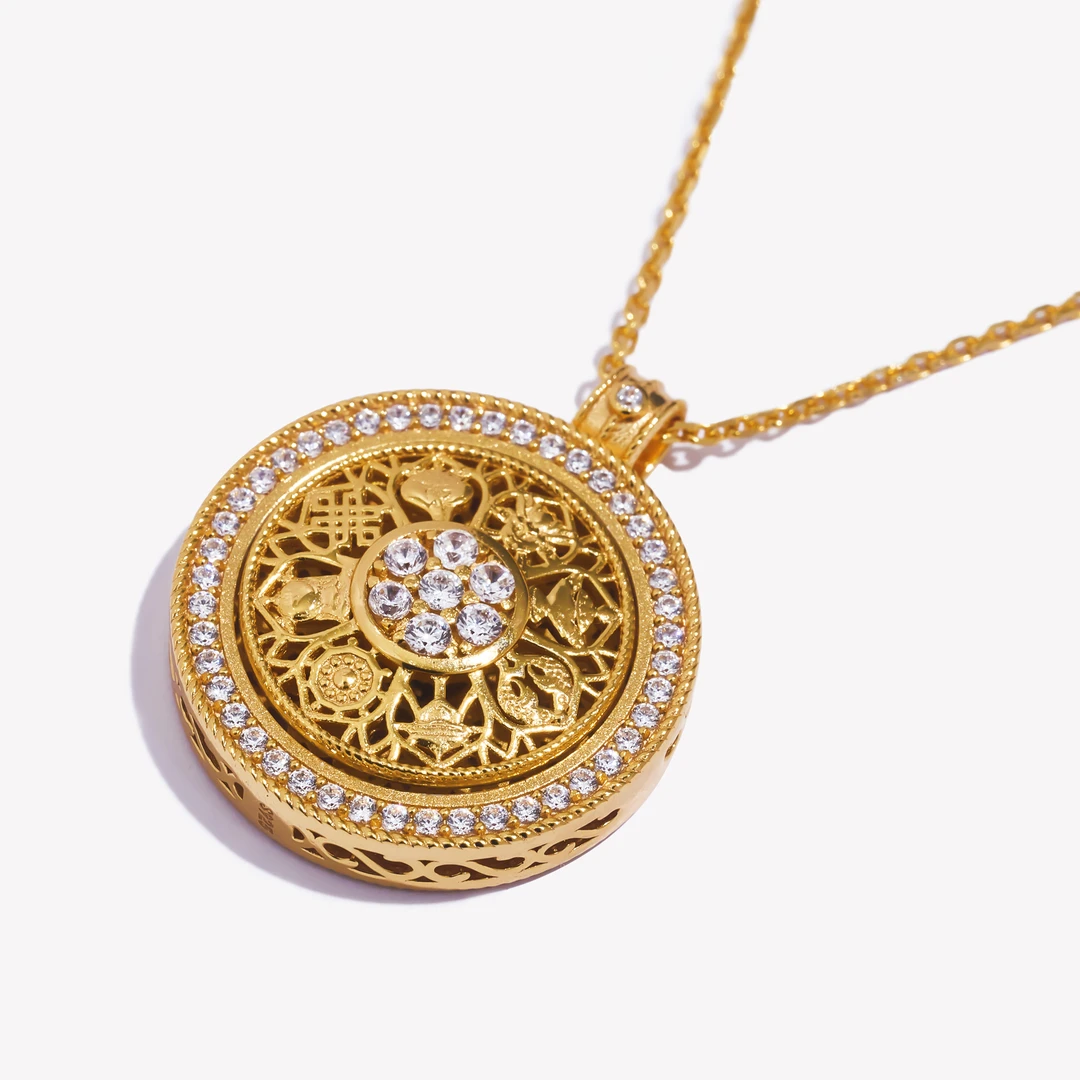 坠链均925银合成锆石 【转经罗盘】古法手工坠链复古金色旋转中古女