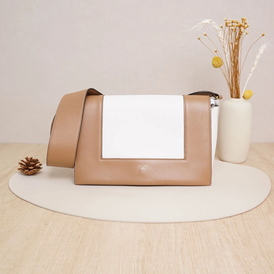 95新 Celine/思琳 赛琳frame豆腐包中号咖色拼白色牛皮/DS037480