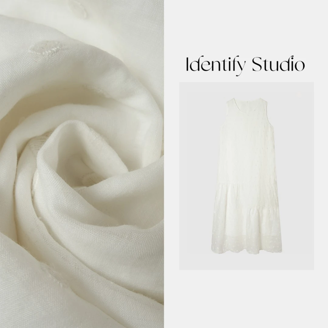 IDENTIFY“夏日度假”夏季新款时尚气质波点提花苎麻连衣裙25SS