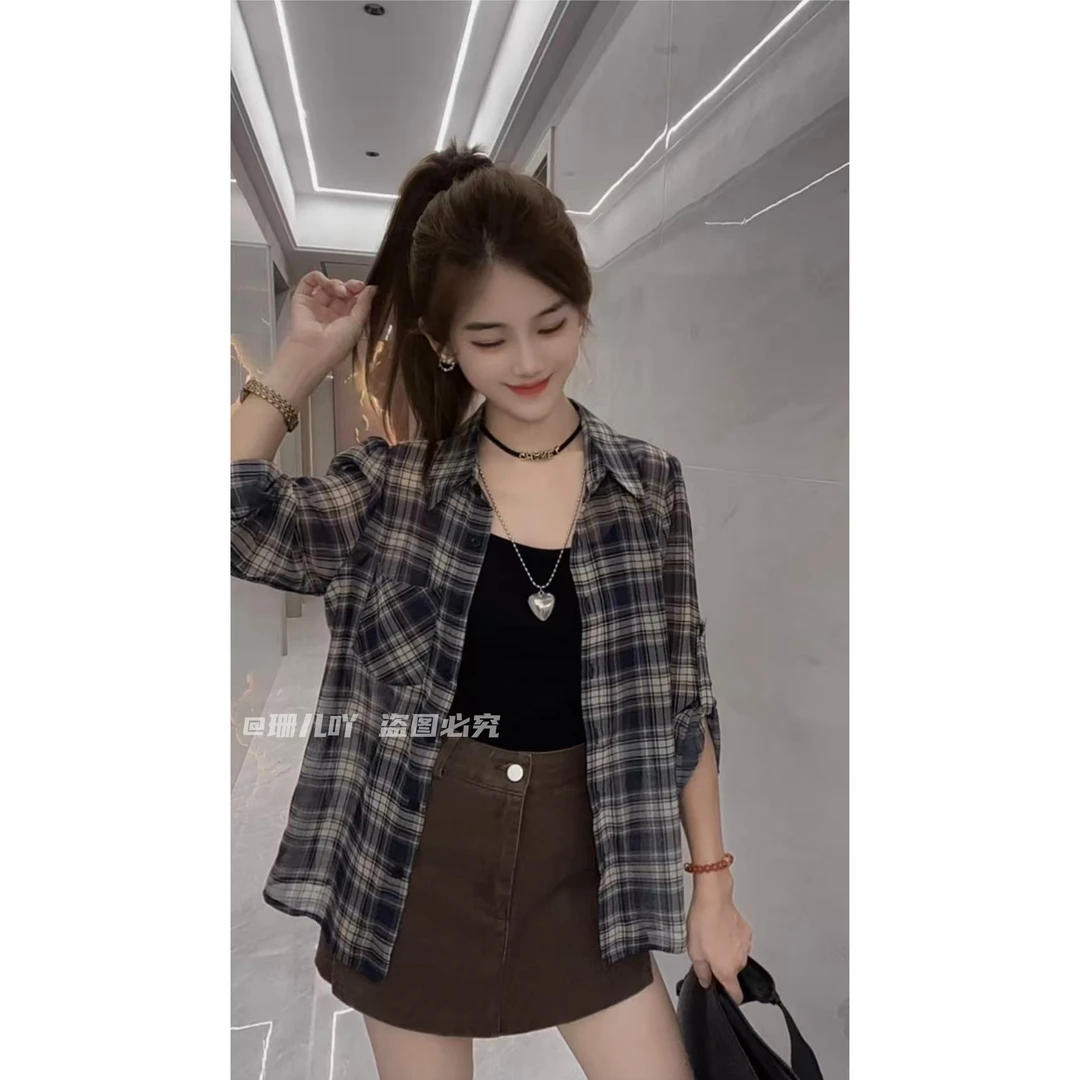 韩系复古格子轻薄透气衬衫女2025夏款慵懒休闲宽松遮肉长袖衬衫