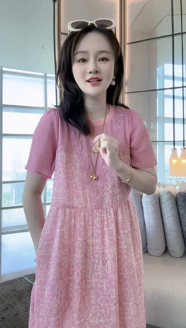 【丝芙玉禄】（S419）真丝圆领重工蕾丝花边气质桑蚕丝女装连衣裙