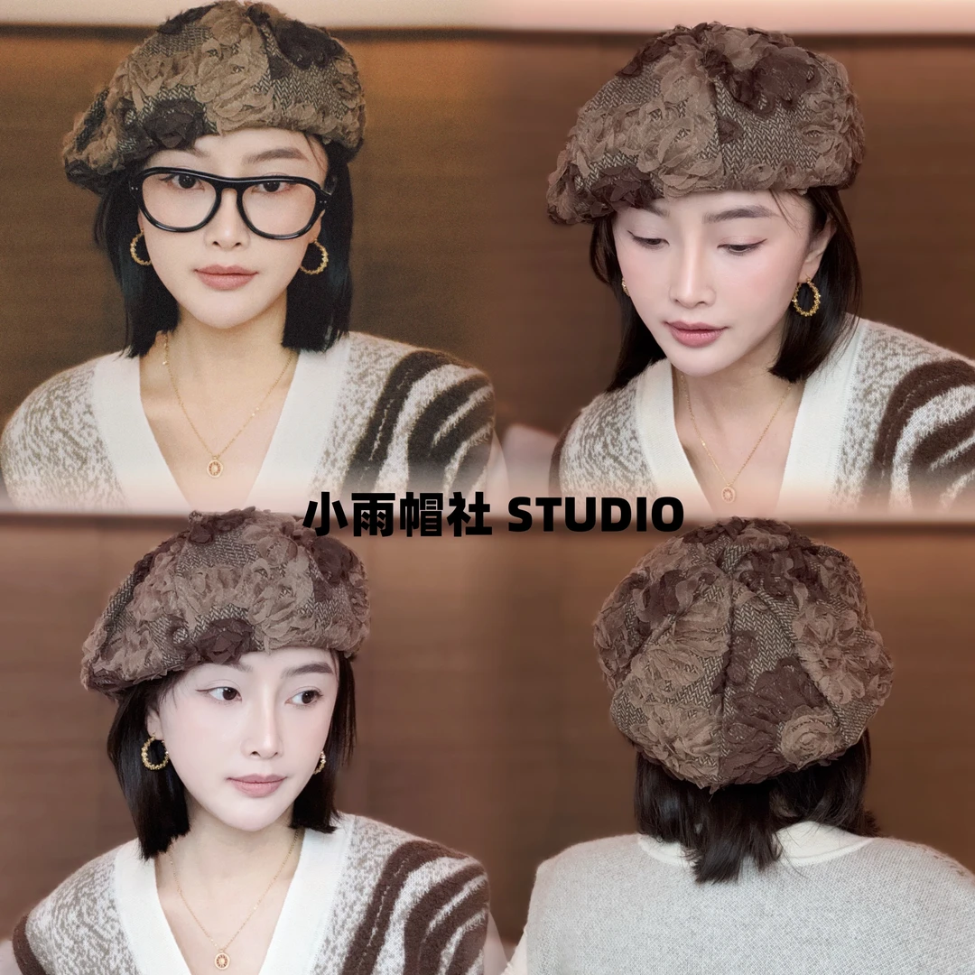 小雨帽社 “琥珀流光风”贝雷帽 毛呢泡泡纱复古气质加大版贝雷帽秋
