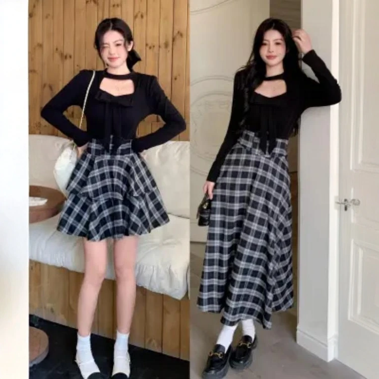 【小曹大码】套装裙春季蝴蝶结显瘦格子束腰裙两件套-YSNZ9183