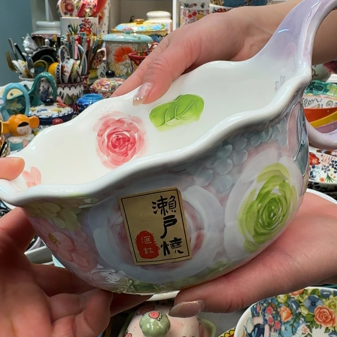 瓷片濑户烧玫瑰蜜语6.5英寸曲把碗1只