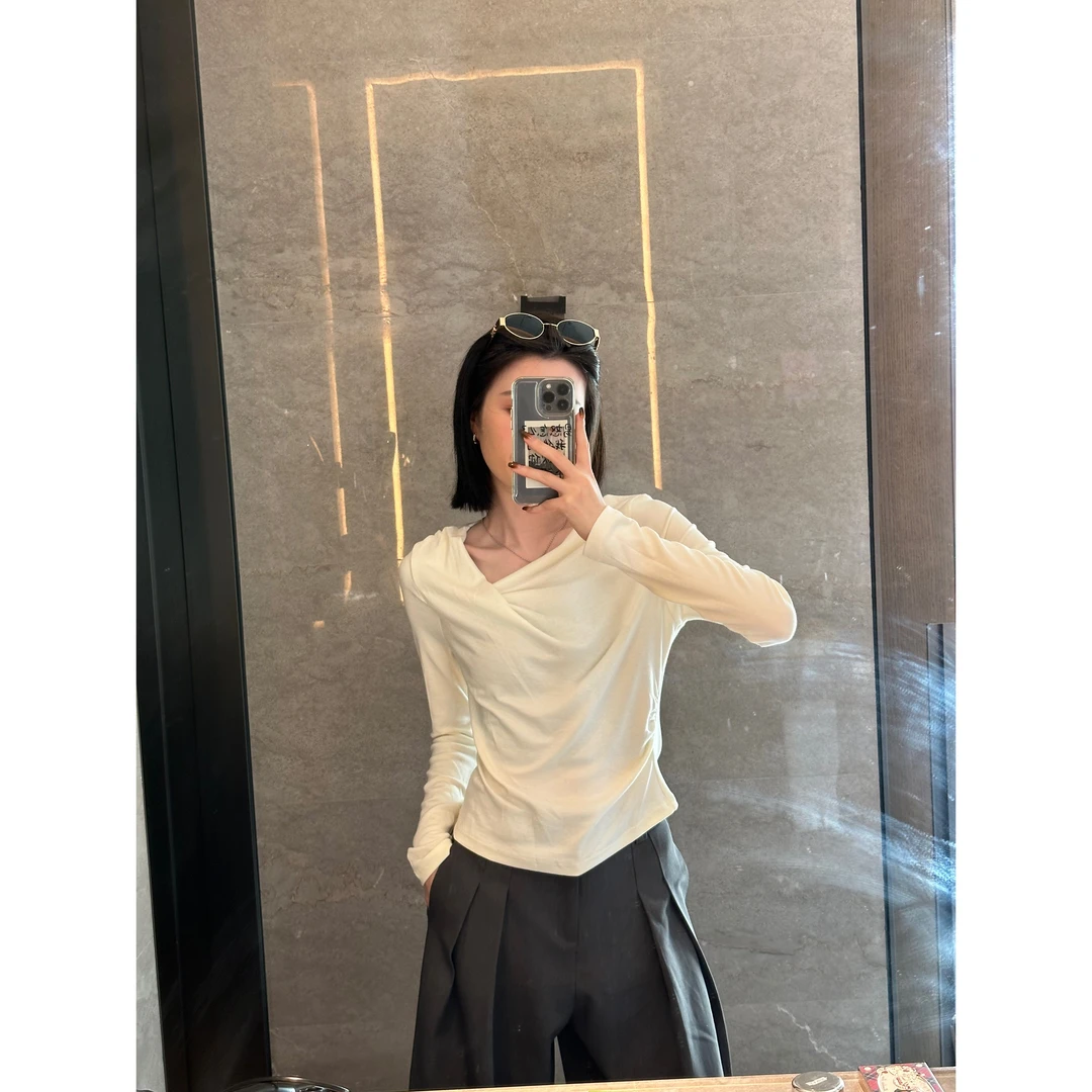 新款荡领修身T恤女2025通勤设计感时尚小众别致显瘦长袖上衣