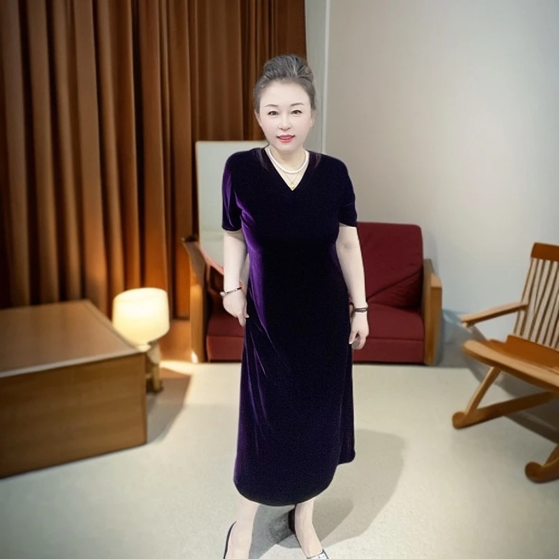 813气质丝绒v领半袖侧开叉连衣裙