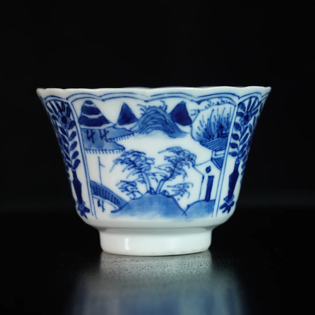 LABC250420021【十竹斋】清光绪清供图开窗山水风情青花杯