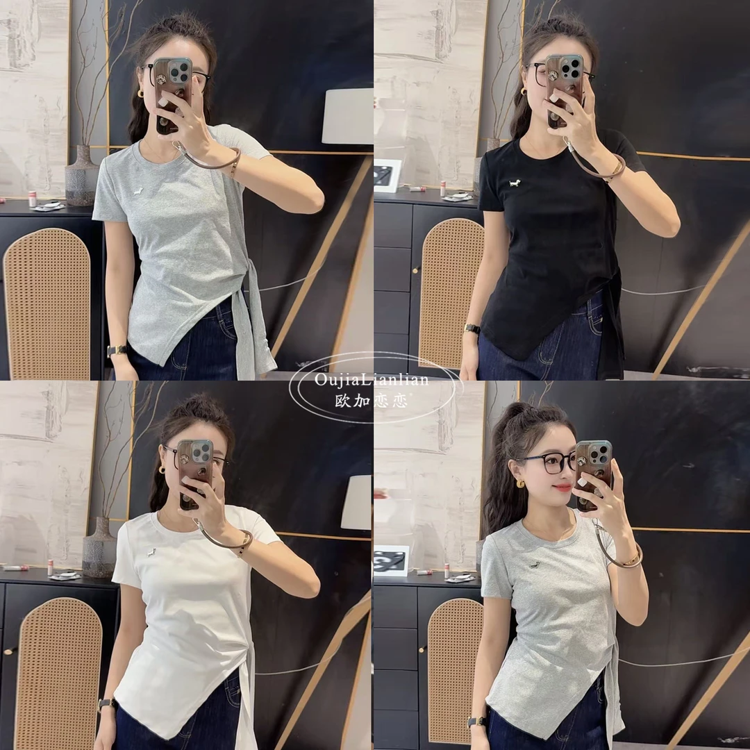 【欧加恋恋】夏季穿搭网红显瘦圆领腊肠狗不规则下摆短袖X25032811